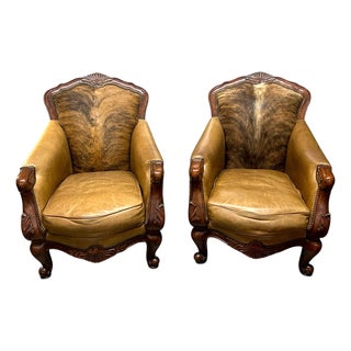 Pair of Leather & Cowhide Armchairs For Sale