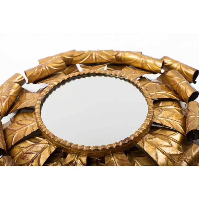 1960s Large Round Spanish Gilt Metal Sunburst Mirror With Leafed Frame and Back Light For Sale - Image 4 of 11