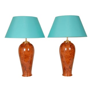Vintage Table Lamps Faux Elm Burl Wood French Ceramic Vase Lamps Brown Cognac - A Pair For Sale