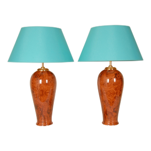 Vintage Table Lamps Faux Elm Burl Wood French Ceramic Vase Lamps Brown Cognac - A Pair