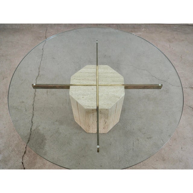 Off-white 1970’s Hollywood Regency Artedi Style Travertine & Brass Coffee Table For Sale - Image 8 of 12