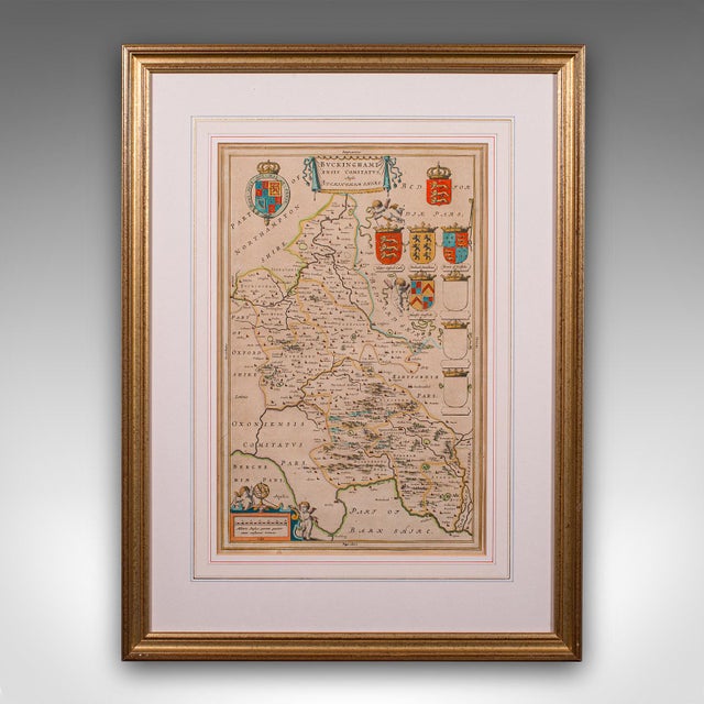 This is an antique county map of Buckinghamshire. An English, framed atlas engraving reproduction by Dutchman Joan Blaeu,...