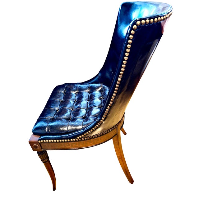 Barnard & Simonds Neoclassical-Style Tufted Leather Side Chair With Greek Key Trim For Sale - Image 4 of 10