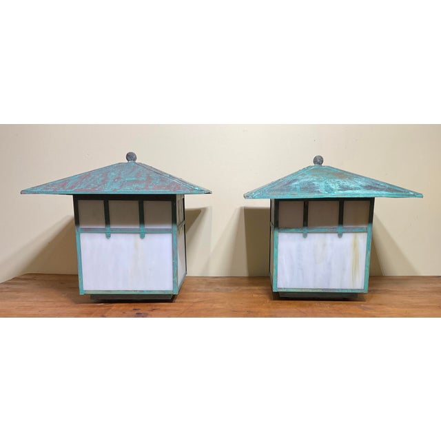 Stunning Pair of Artisan Copper & Slag Glass Mission/Arts & Crafts Table Lamps For Sale - Image 17 of 18