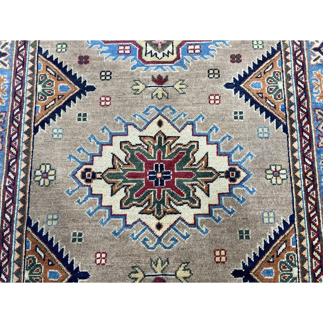 Beige Persian Style Kazak Wool Rug With Blue Border, 4'2" X 5'10" For Sale - Image 4 of 14