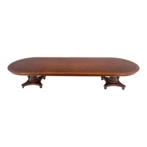 Banded Oval Racetrack Shape Carved Double Pedestal Burl Walnut 13' Long Dining