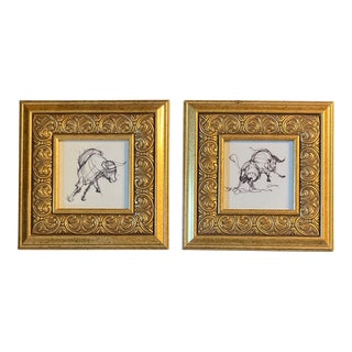 1060’s 2 Abstract Ink Drawings of a Bull Chunky Gold Frames -A Pair For Sale