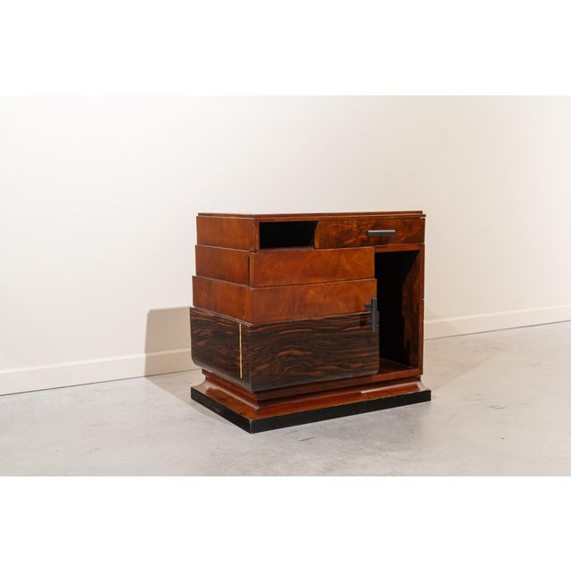 Galician Art Deco bedside table from the 1920s-30s, made of wood by the Cervigón family business. It is a quadrangular...