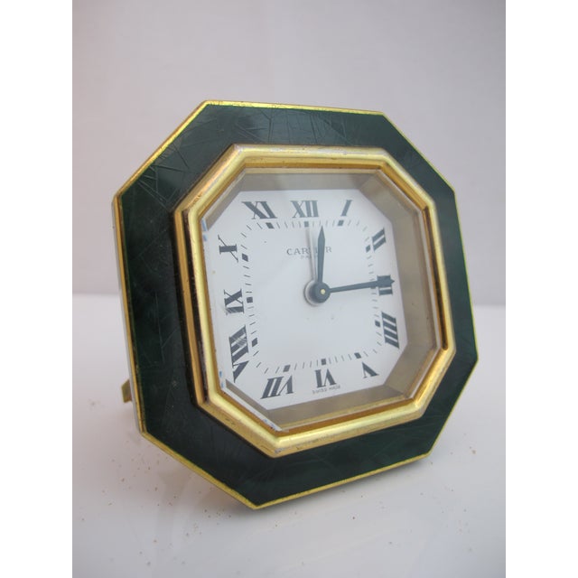 Cartier Paris Gold Plated Green Enamel Octagonal Travel Alarm Desk Clock For Sale - Image 11 of 14