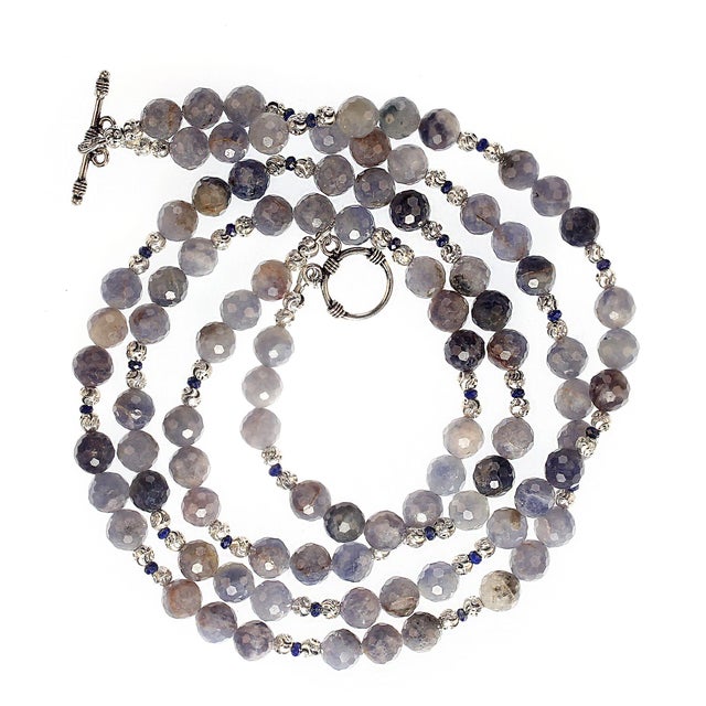 Traditional Two Strand Translucent Iolite Necklace With Silver Accents For Sale - Image 3 of 8