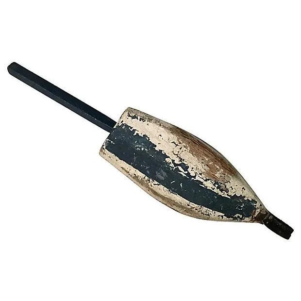 Weathered Blue & White Wood Buoy For Sale - Image 4 of 7