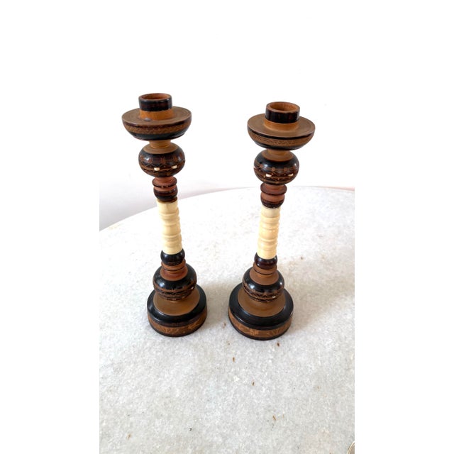 Rare beautifully carved early 20th century Vintage Indonesian Turned Wood & Bone Candlesticks.
