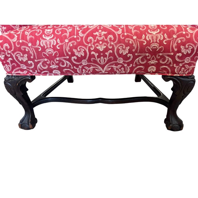 Late 20th Century Elegant Queen Anne Wingback Chair in Coral Damask Upholstery With Carved Mahogany Frame For Sale - Image 5 of 12