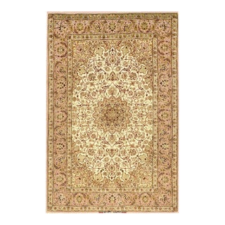 1940s Ivory Medallion Antique Persian Isfahan Rug 3' 8''x5' 7'' Handknotted Wool Carpet For Sale