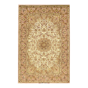 1940s Ivory Medallion Antique Persian Isfahan Rug 3' 8''x5' 7'' Handknotted Wool Carpet