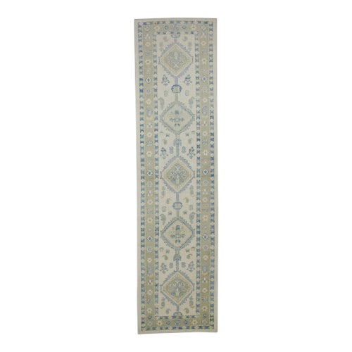 Early 21st Century Green & Blue Geometric Design Handwoven Wool Turkish Oushak Rug 2'10