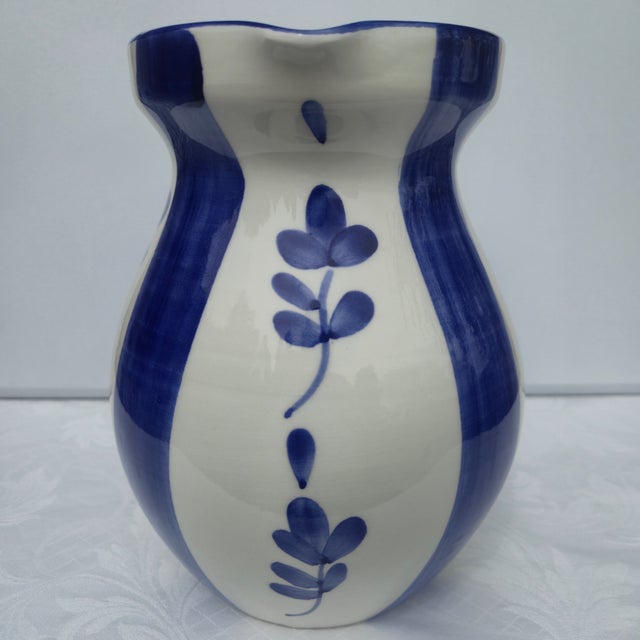 Farmhouse Vintage Hand-Painted Italian Blue & White Ceramic Pitcher | Mediterranean Farmhouse Artisanal Pottery Vase For Sale - Image 3 of 11