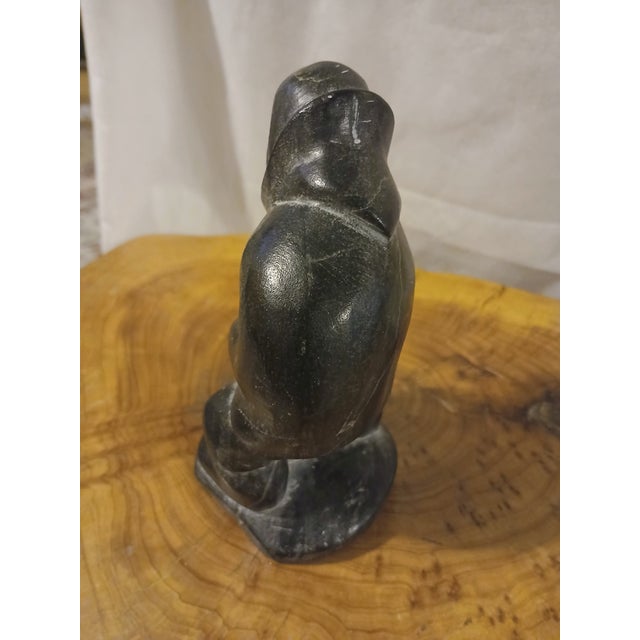 Native American Artist Signed Vintage Inuit Soapstone Sculpture of a Hunter With Seal For Sale - Image 3 of 7
