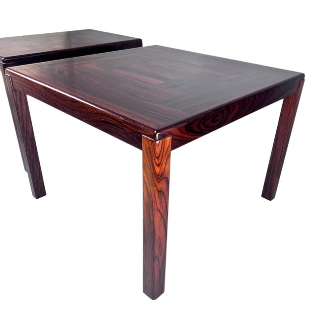 For sale is this very nice vintage set of rosewood side tables made by Vejle Stole Mobelfabrik. The tables are two...