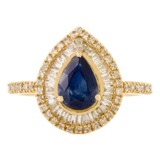 Pear Shape Blue Sapphire Halo Diamond Vintage Engagement Ring Size 6 For Sale