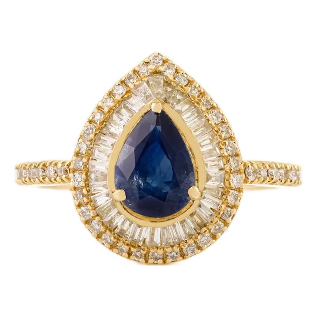 Pear Shape Blue Sapphire Halo Diamond Vintage Engagement Ring Size 6 For Sale