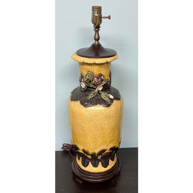 Chinese Chinese Export Style Jar / Vase Form Crackle Glaze Table Lamps W/ Fruit - Pair For Sale - Image 3 of 9