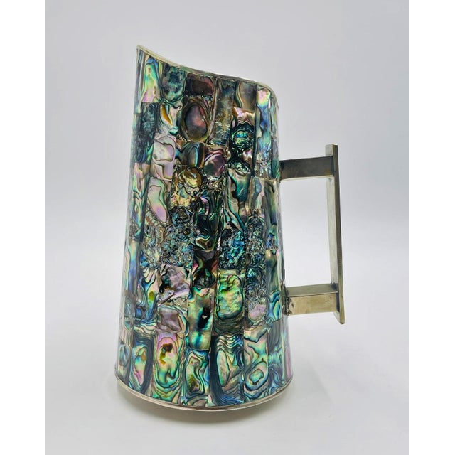 Los Castillo 1950s Mid-Century Modern Mexican Alpaca Silver and Abalone Inlay Water Pitcher For Sale - Image 4 of 17