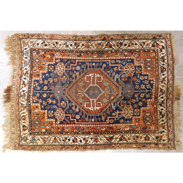 Blue Authentic Antique Hand-Knotted Persian Tribal Qashqai Rug. For Sale - Image 8 of 18