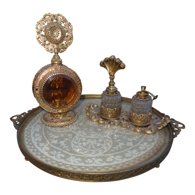 Vintage Ormolu Gold Filigree Perfume Tray & Perfume Bottles - Set of 4 For Sale
