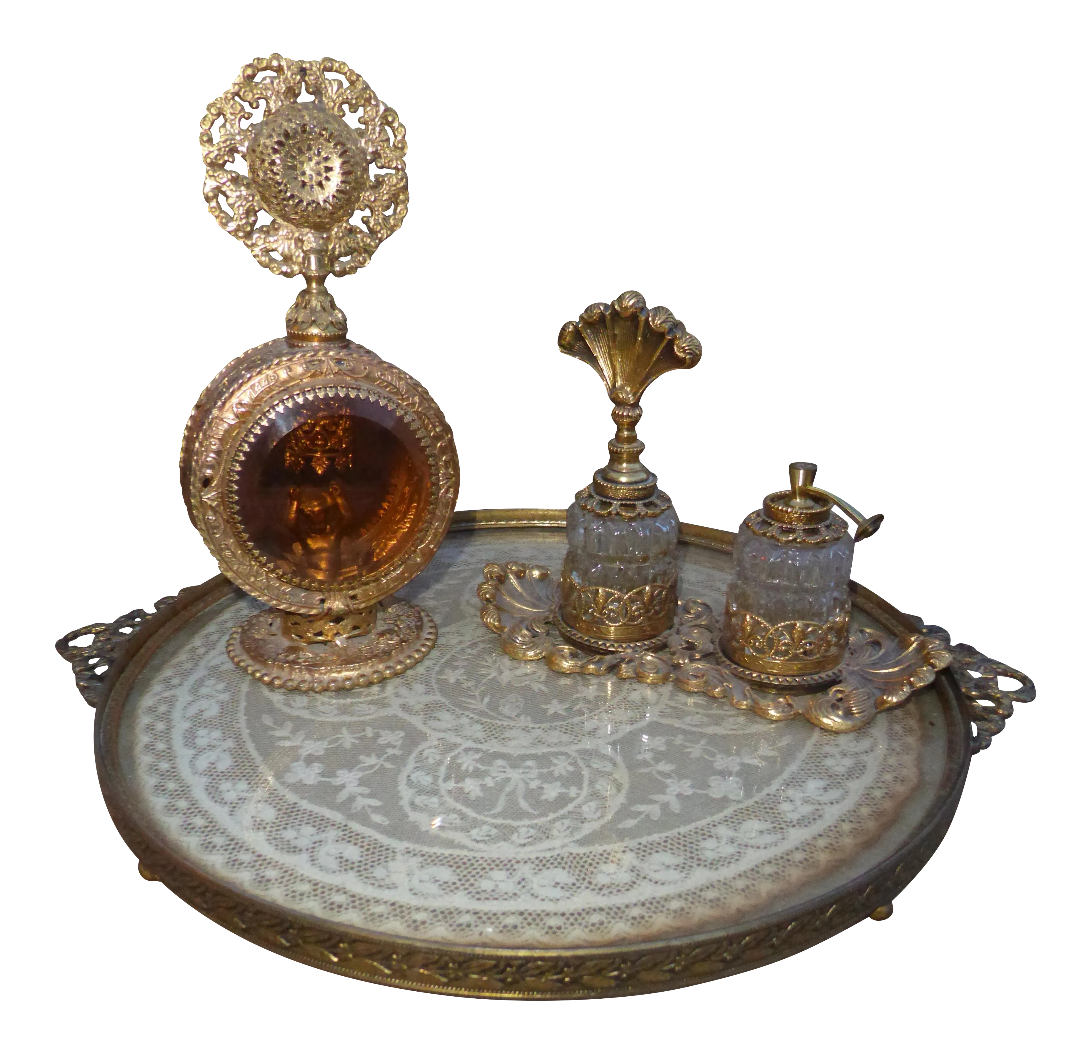 Vintage Ormolu Gold Filigree Perfume Tray & Perfume Bottles - Set of 4 - image 0