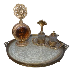Vintage Ormolu Gold Filigree Perfume Tray & Perfume Bottles - Set of 4