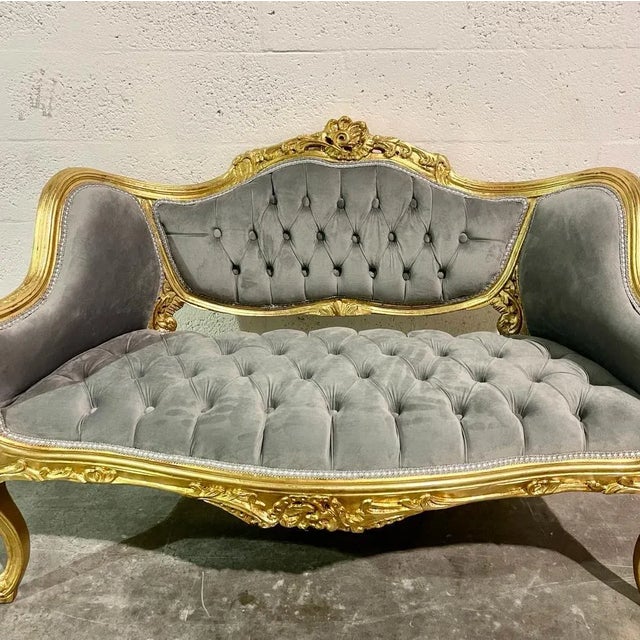 2020s French Gray Velvet Gold Leaf Settee For Sale - Image 5 of 9