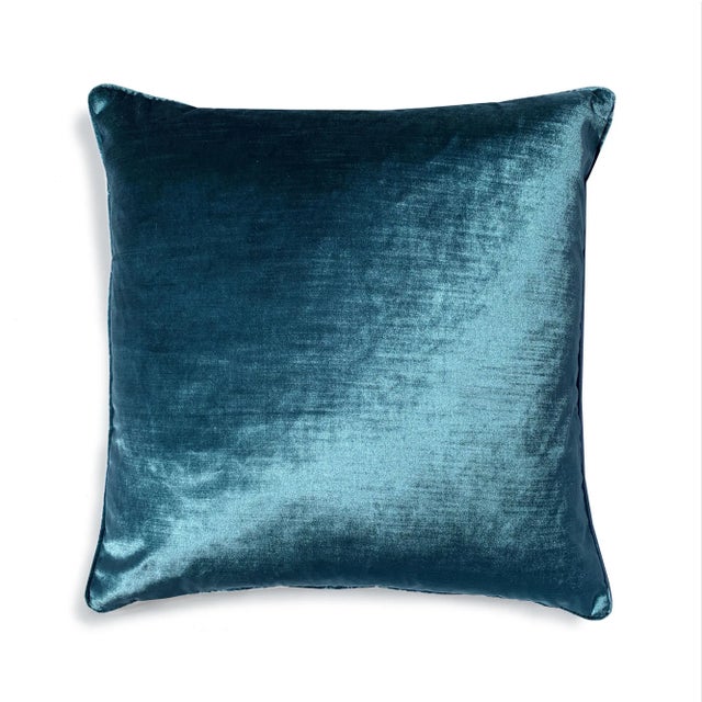 This shimmering velvet pillow in elegant cerulean blue makes for a perfect complement to other pillows or a gorgeous...