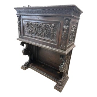 Antique Renaissance Revival Carved Wood Cabinet With Figural Relief & Lion Supports For Sale
