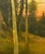 This oil on panel artwork captures a serene evening landscape, where slender trees stand gracefully amidst a warm, glowing...