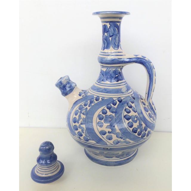20th Century Glazed Earthenware Spanish Blue and White Painted Pitcher With Top For Sale - Image 4 of 6