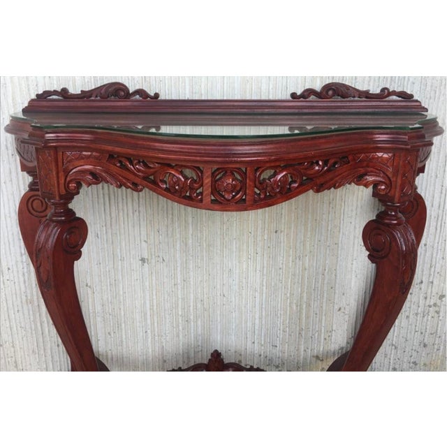 Maroon Vintage Rococo Style Italian Console Table in Mahogany with Glass Top, 1960s For Sale - Image 8 of 15