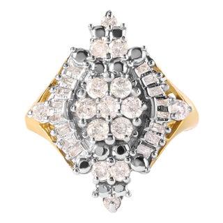 10K Yellow Gold 1 Cttw Round and Baguette cut Diamond Cluster and Rhombus Halo Ring (H-I Color, I1-I2 Clarity) - Ring Size 7 For Sale