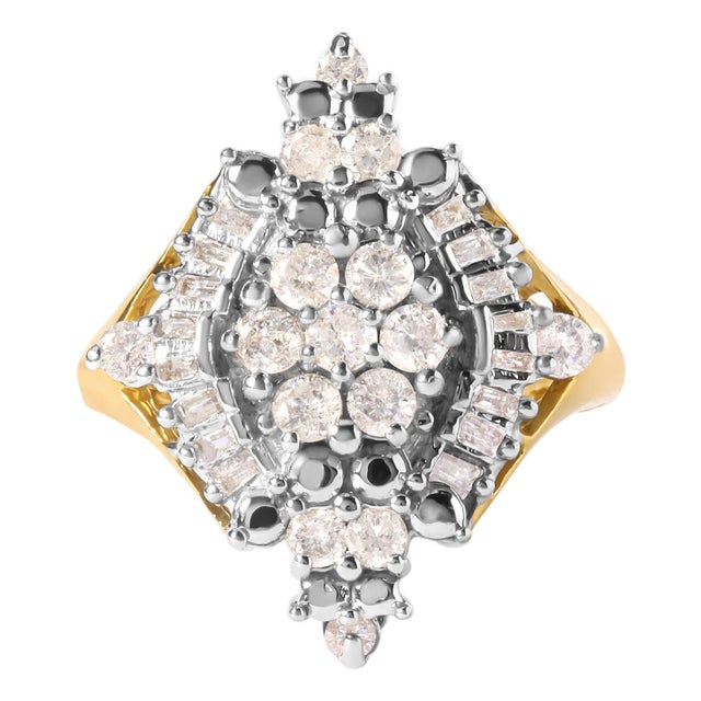 10K Yellow Gold 1 Cttw Round and Baguette cut Diamond Cluster and Rhombus Halo Ring (H-I Color, I1-I2 Clarity) - Ring Size 7 For Sale