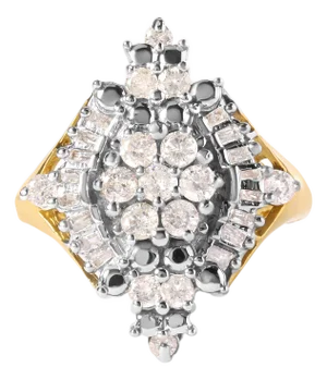 10K Yellow Gold 1 Cttw Round and Baguette cut Diamond Cluster and Rhombus Halo Ring (H-I Color, I1-I2 Clarity) - Ring Size 7