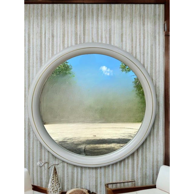 Art Deco Post Modern Lane White & Gold Circular Vanity Bathroom Mirror, VTG Wall Hanging Mirror For Sale - Image 3 of 10