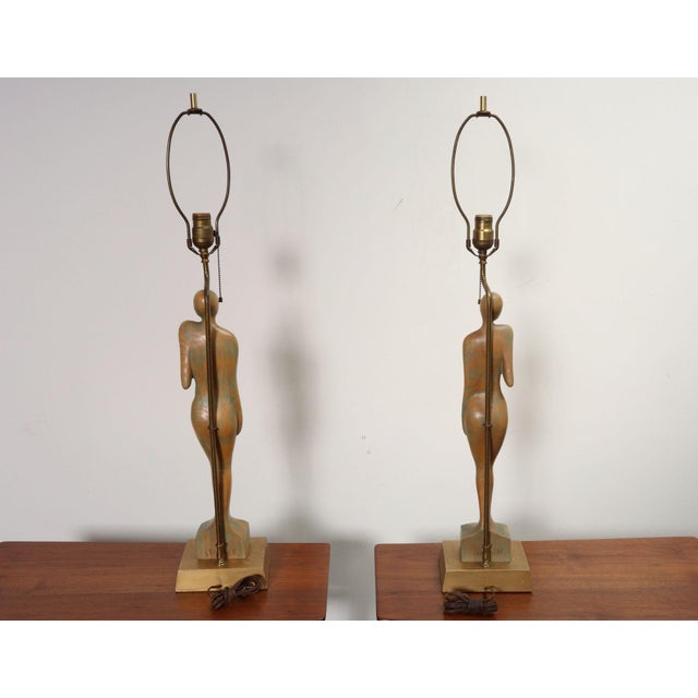 Wood Vintage Male and Female Figural Carved Table Lamps by Clifford C Stasack - Pair For Sale - Image 7 of 18