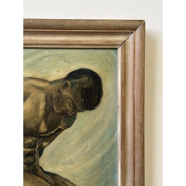 Vintage Art Deco Style Kneeling Male Nude Oil on Board Painting, Circa Mid 20th Century For Sale - Image 16 of 18