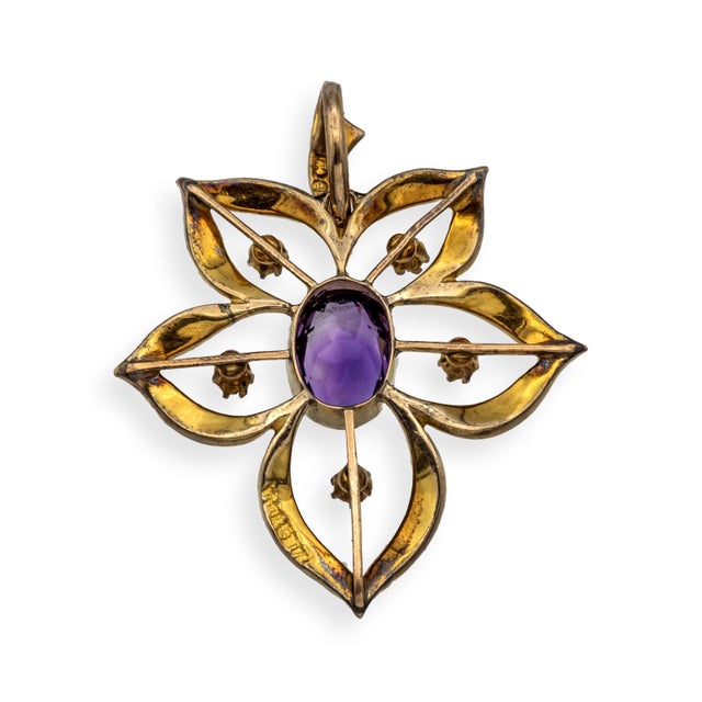 Art Nouveau Antique 9k Art Nouveau Demantoid Garnet Amethyst Seed Pearl Pendant Ca. 1905 For Sale - Image 3 of 7