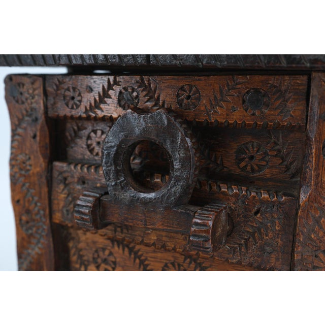 Wood Antique Scandinavian Folk Art Carved Oak Table Chest For Sale - Image 7 of 15