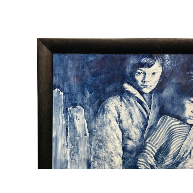 Contemporary Blue White People Graphic Porcelain Wood Framed Art For Sale - Image 4 of 10