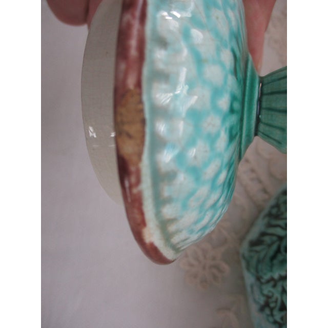 Antique England Majolica Basket Weave With Leaves Blue Teapot 7" Tall For Sale - Image 9 of 11