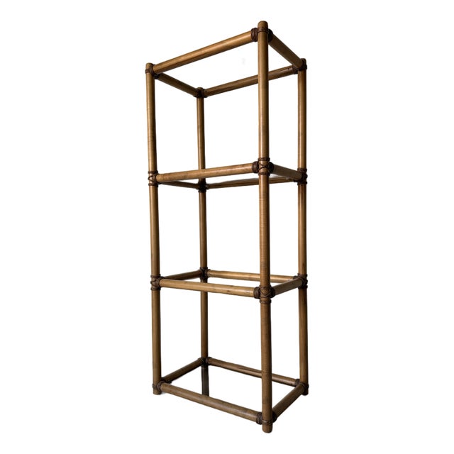 Mid-Century Modern Faux Bamboo & Rush-Wrapped Etagere Bookcase For Sale