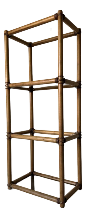 Mid-Century Modern Faux Bamboo & Rush-Wrapped Etagere Bookcase