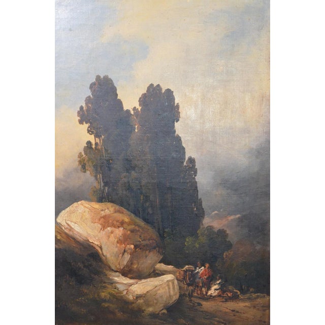 French Antique Romantic Landscape Oil Painting With Figures and Rocky Scenery For Sale - Image 3 of 11